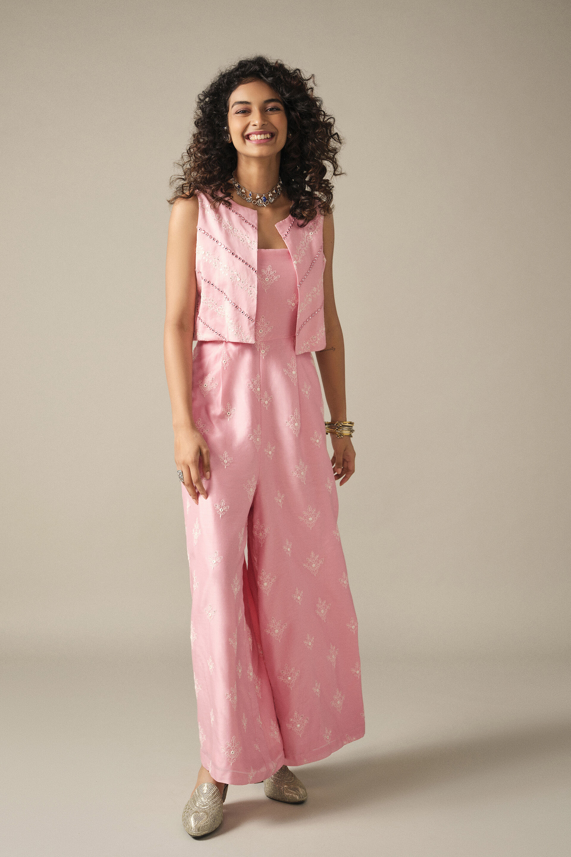 Embroidered Jumpsuit Set in Baby Pink